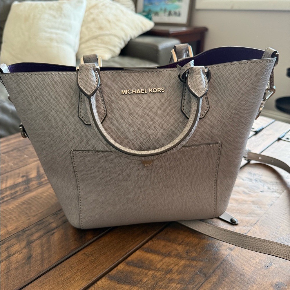 Michael Kors Saffiano Leather Tote with Crossbody Strap – Gray / Purple Interior